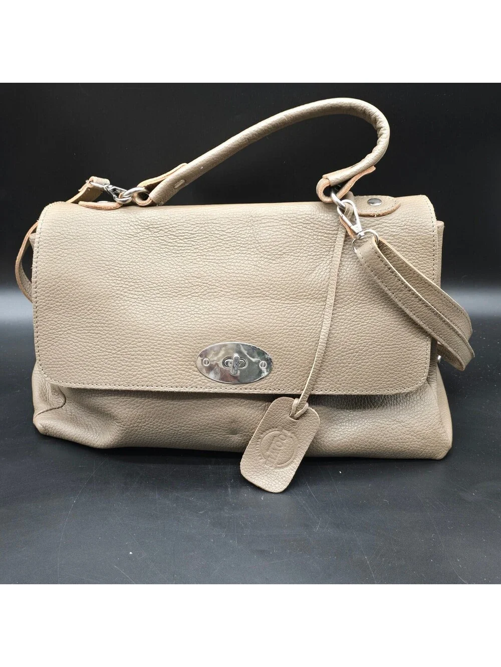 LOOWIE Italian Leather Satchel Bag Taupe Beige Pebbled Leather Crossbody Flap